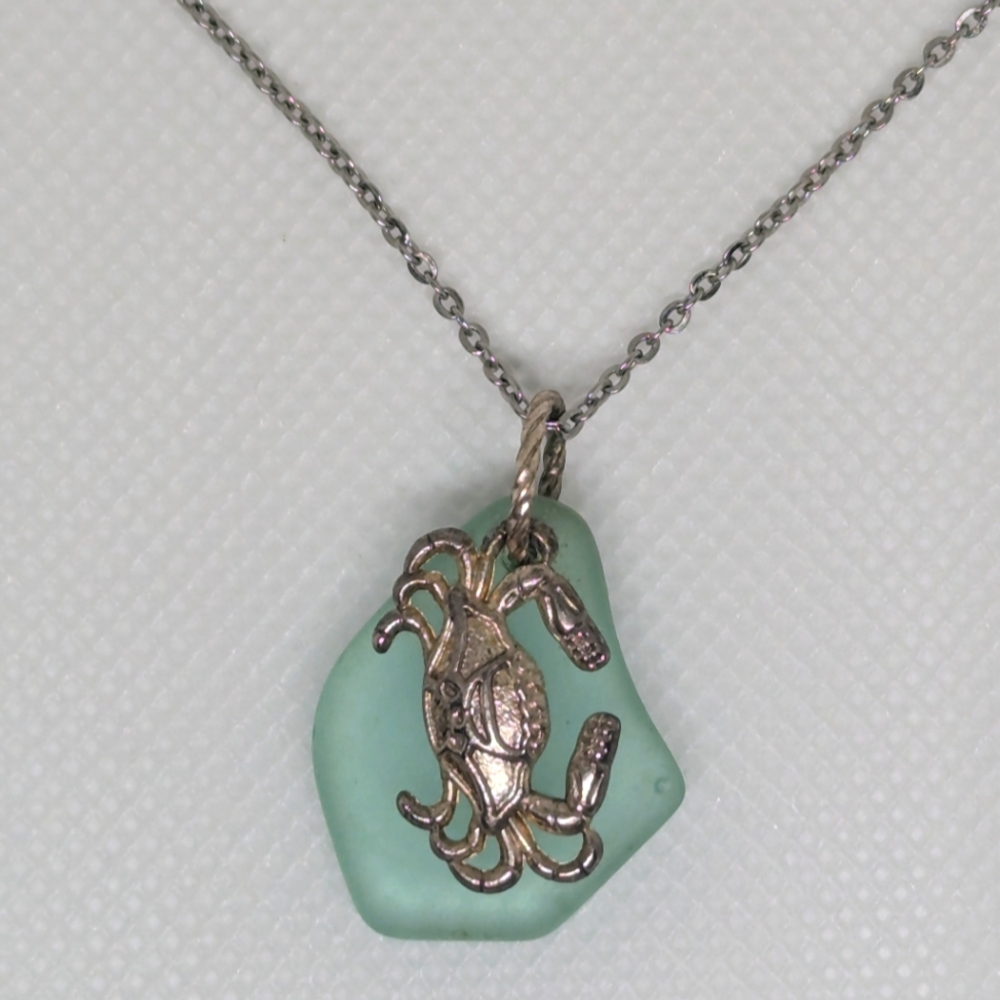 Crab on Green SeaGlass Necklace